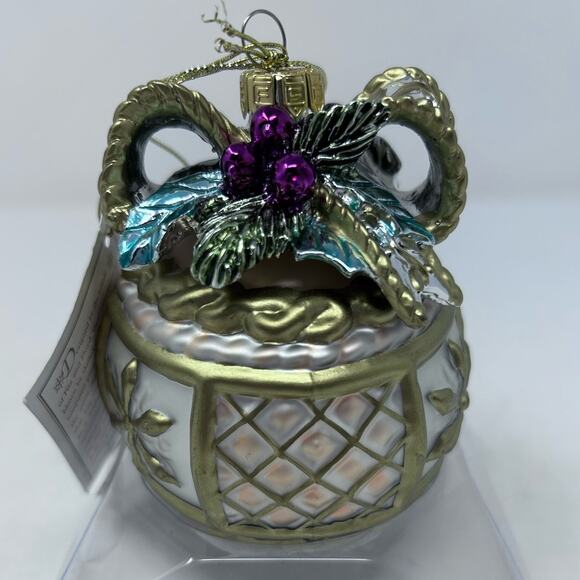 Fitz and Floyd Glass Ornament Snowy Woods Motif Gold Blue Purple Bow - Picture 4 of 10